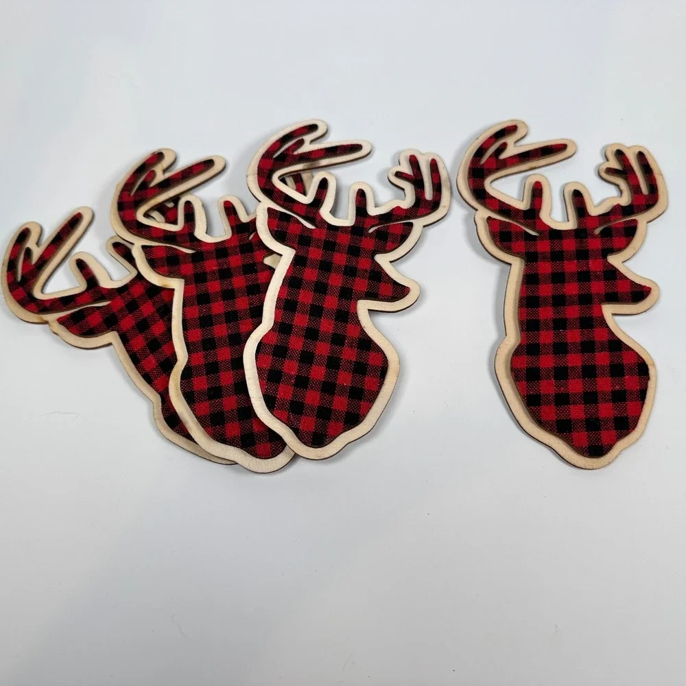 Wooden Deer Buffalo Plaid Gift‎ Decoration Peel and Stick Embelishments Set of 4